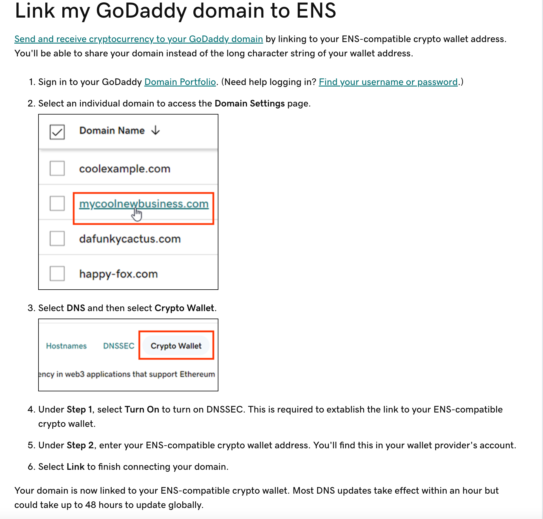 This images show instructions for connecting DNS to ENS on GoDaddy